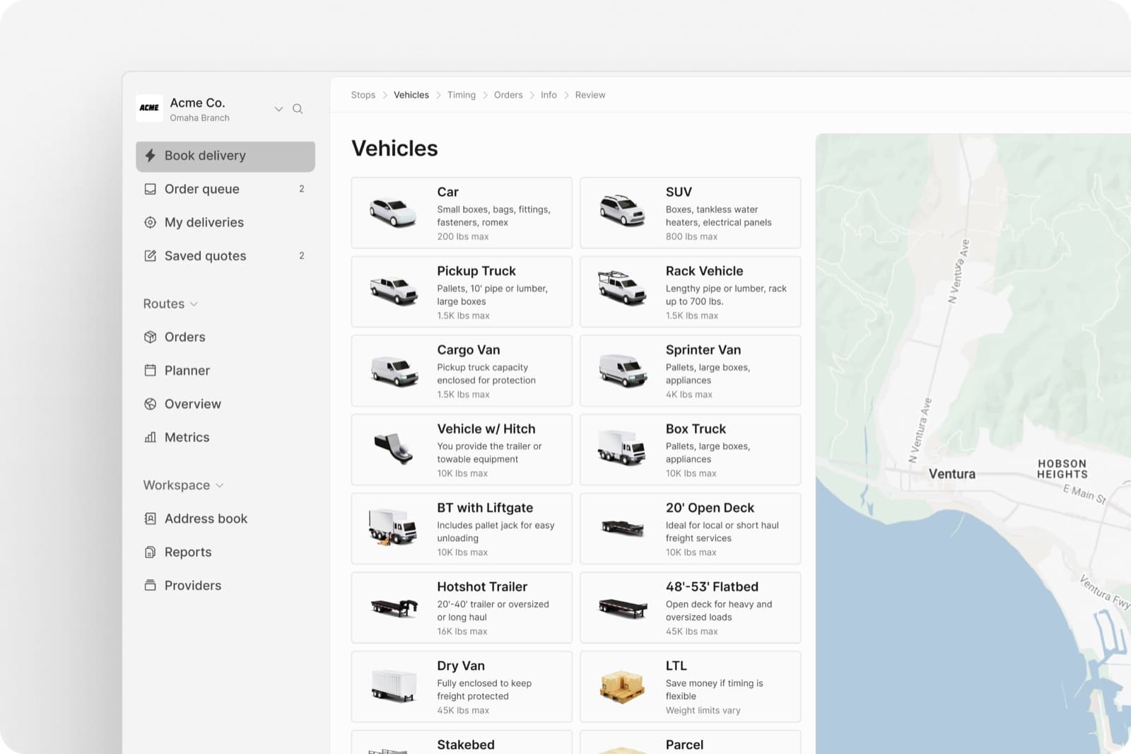 The Curri platform's vehicle selection screen showing options from cars and pickup trucks to box trucks, flatbeds, and LTL with weight limits for each.
