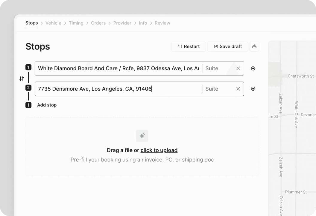 Curri booking interface showing pick up and drop off location fields on an interactive delivery map