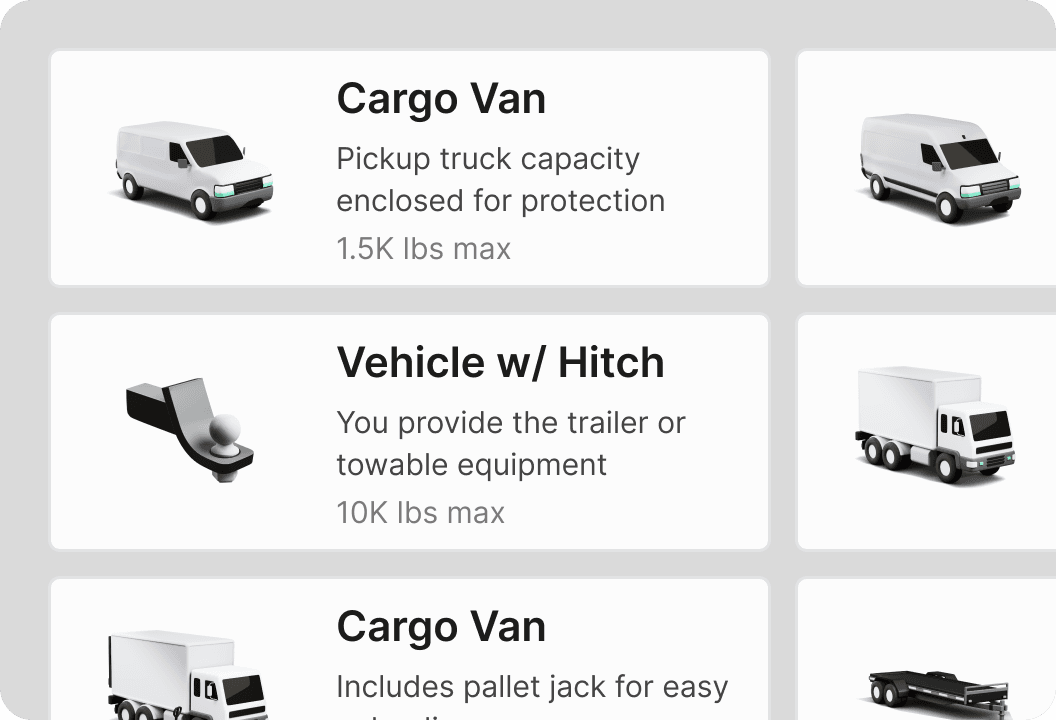 Curri vehicle selection interface listing cargo van, vehicle with hitch, and pickup truck options with payload details
