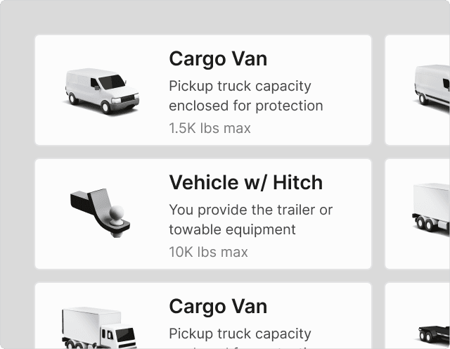 Vehicle selector showing cargo van, vehicle-with-hitch, and cargo van options
