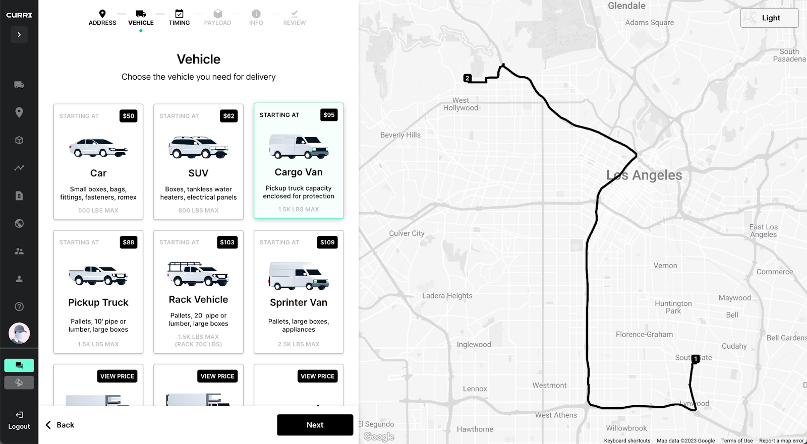 A screenshot of Curri’s platform displaying various vehicle types available in the fleet options.