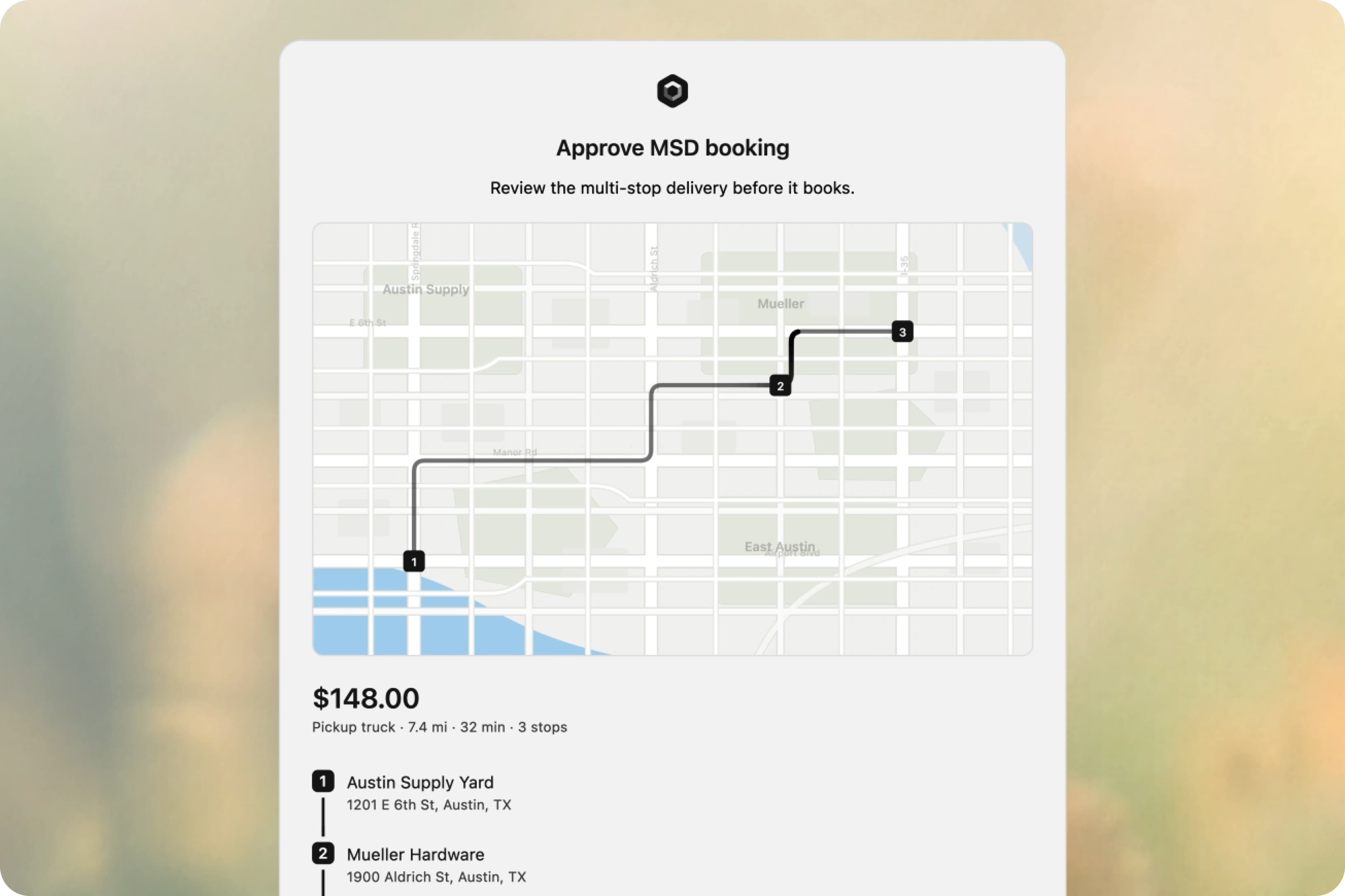 Curri app screen showing an MSD booking approval with a route map, $148 price, pickup truck details, and three stops in Austin, TX