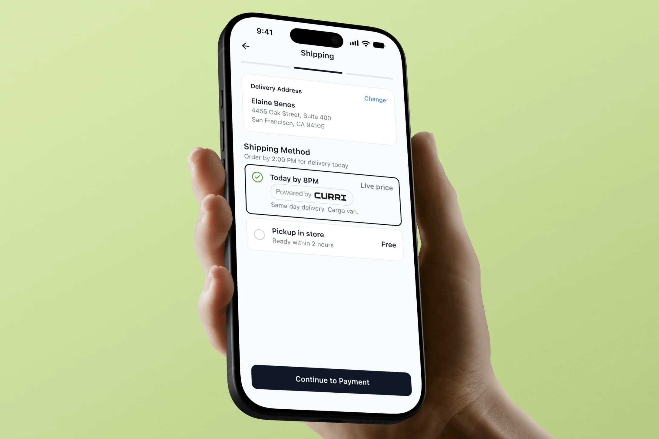 A hand holding a phone showing a shipping step with a same-day delivery option, Today by 8PM, powered by Curri, next to a free pickup in store option
