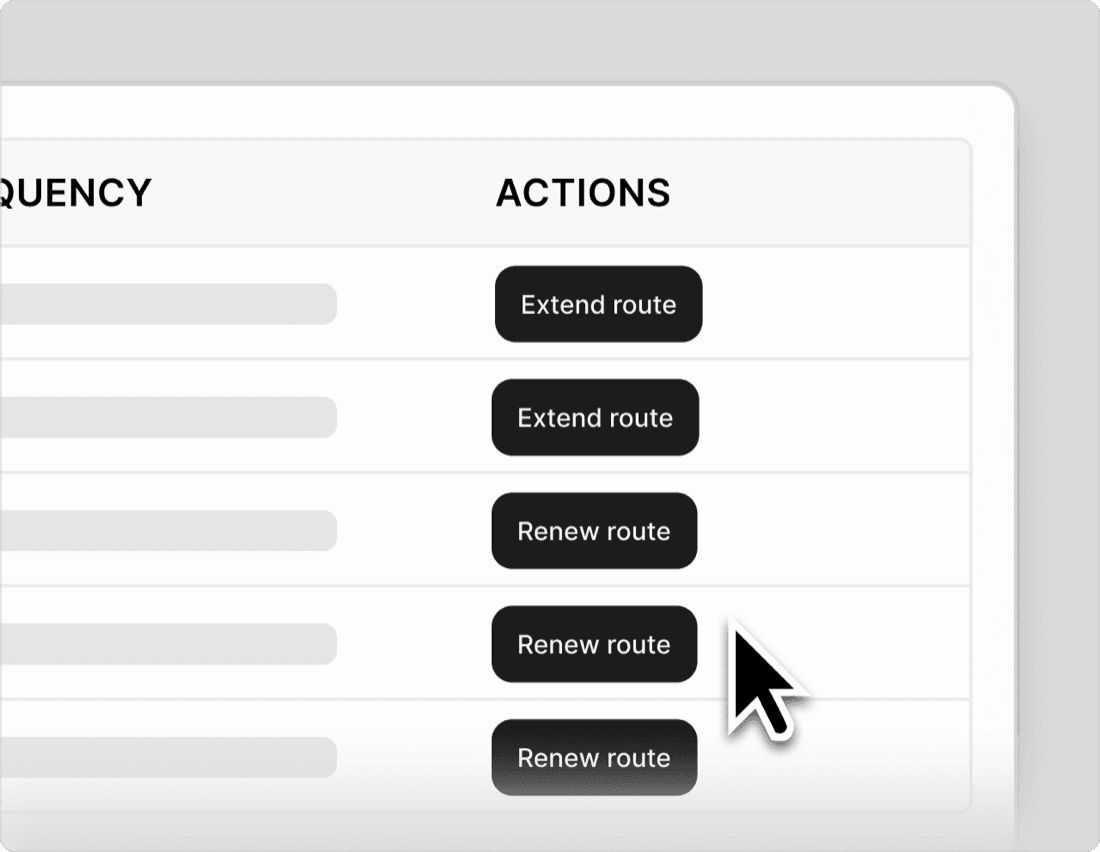 Curri Dedicated Routes dispatch panel with Frequency and Actions columns — Extend route and Renew route controls for scaling dedicated delivery capacity up and down on demand
