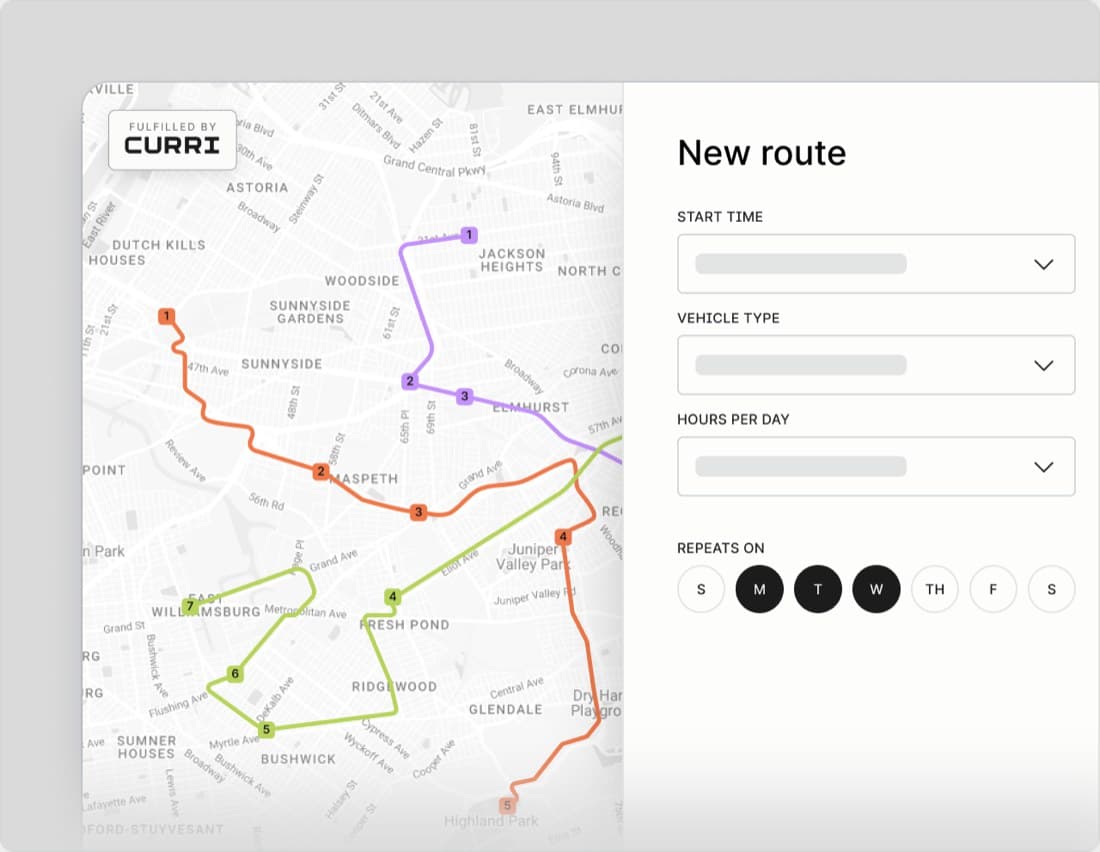 Curri Dedicated Routes new-route form — Start time, Vehicle type, Hours per day, and Repeats-on weekday selector alongside a multi-route city map for recurring delivery planning