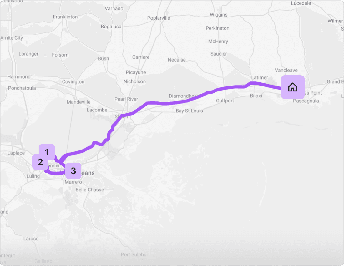 Curri Dedicated Routes map with a multi-stop purple route connecting a home base to numbered delivery stops — LTL, FTL, milk run, and round-robin coverage by local pro drivers