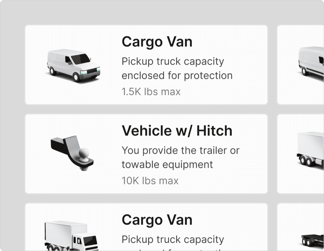 Curri Dedicated Routes vehicle selector — stacked tiles for Cargo Van, Vehicle with Hitch, and Cargo Van with weight capacities, letting dispatchers assign the right truck for each delivery