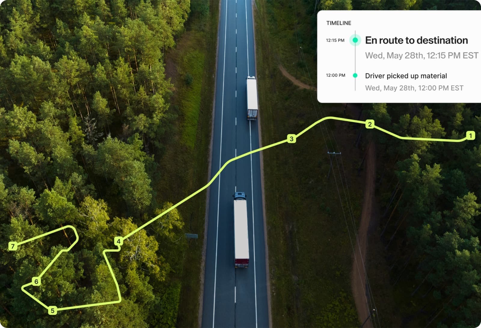 Aerial photo of a Curri Dedicated Routes truck driving a forested highway with an overlaid yellow multi-stop route and delivery timeline — scale delivery capacity without adding long-term fleet commitments