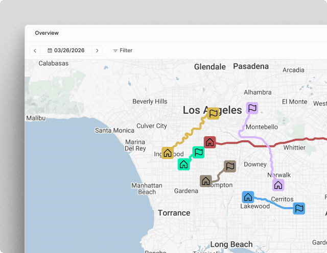 Curri fleet overview dashboard with two teams selected, an LA-area map, and driver cards color-coded by vehicle for centralized last-mile delivery management