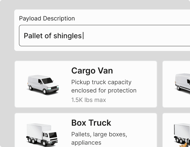 Curri SmartMatch dispatch form with a 'Pallet of shingles' payload suggesting a Box Truck (10K lbs) or Cargo Van (1.5K lbs) based on weight and dimensions