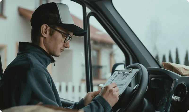 Delivery driver writes on a clipboard in his cargo van during a landscaping final-mile run, hauling mulch, sod, pavers, and hardscape materials from the supply yard to the crew's jobsite.