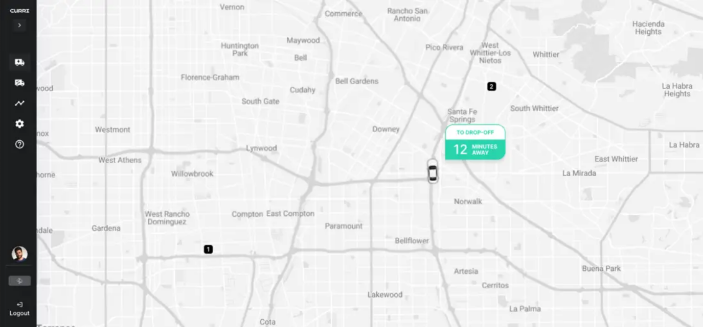 Screenshot of Curri’s fleet tracking map showing a vehicle 12 minutes away from drop-off in the Los Angeles area.