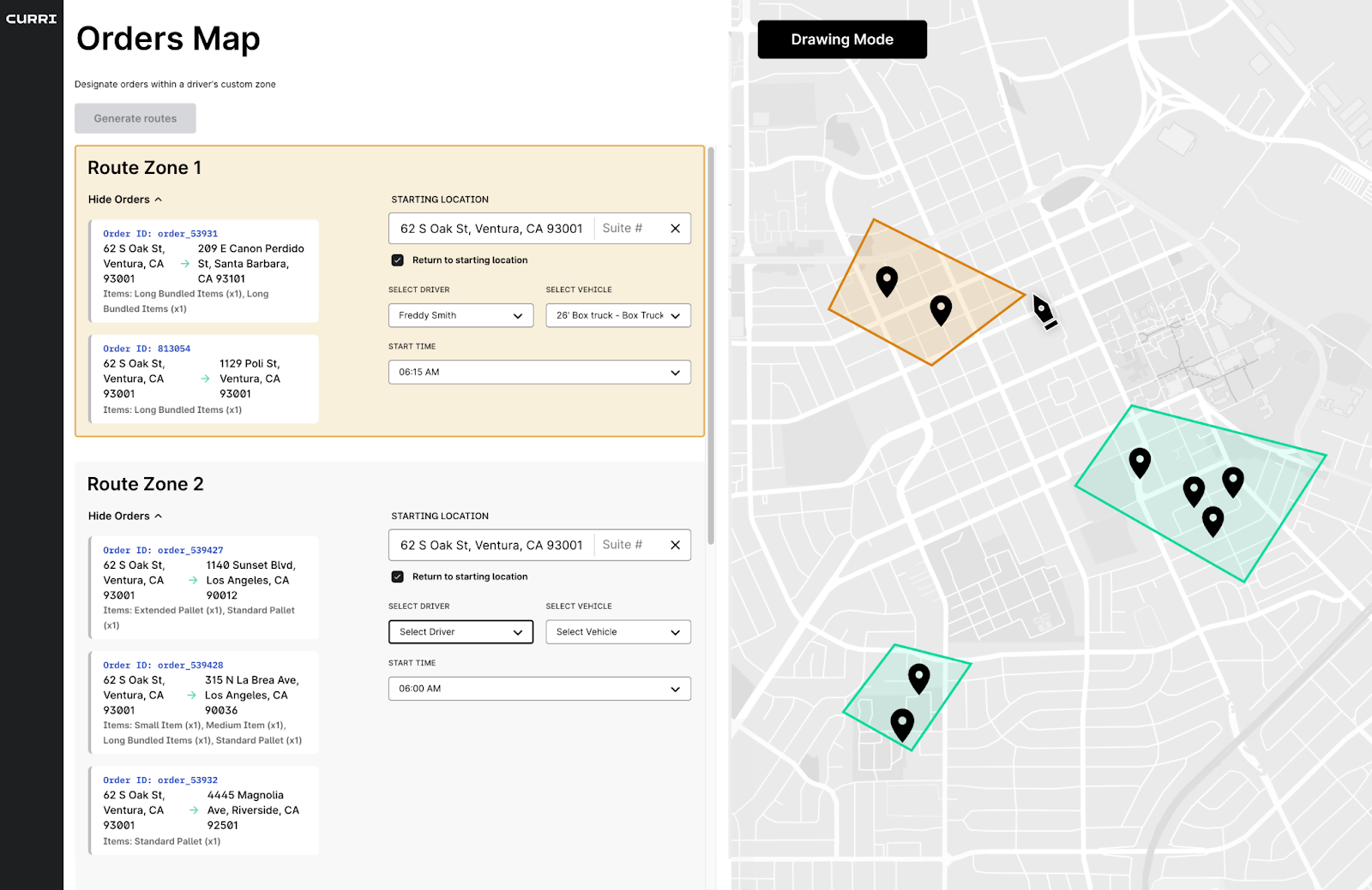 Screenshot of Curri’s order map with route zones drawn over a city map, showing assigned deliveries, driver, vehicle, and start time.