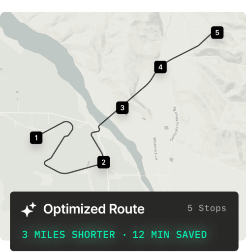 A map with an optimized delivery route showing five stops. A highlighted message indicates the route is 3 miles shorter and saves 12 minutes, demonstrating efficiency and sustainability benefits.