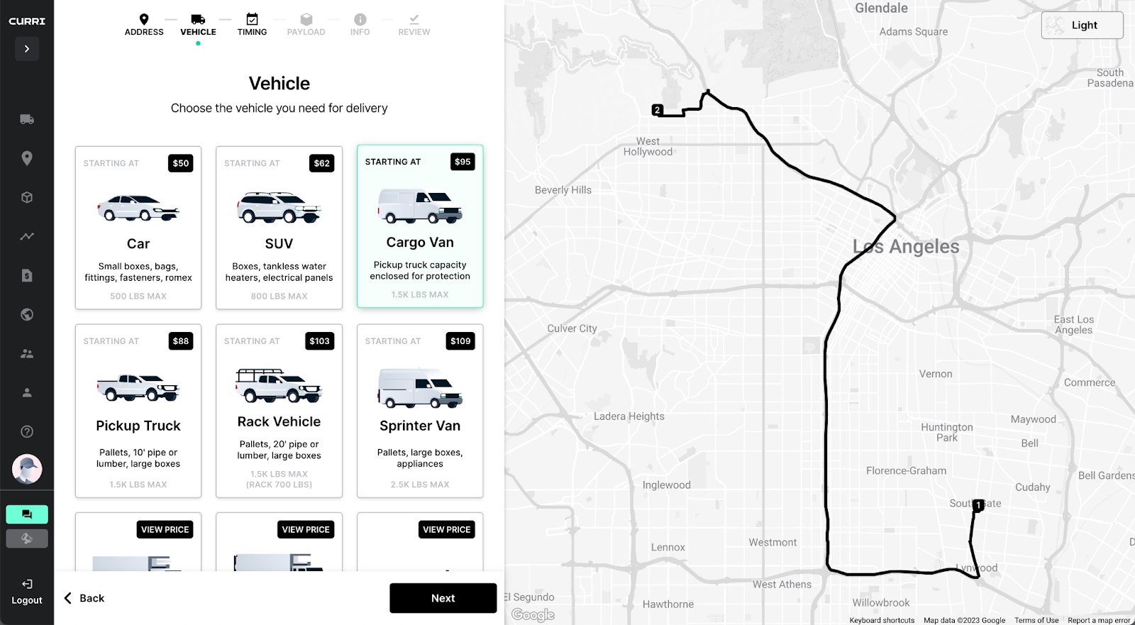 Screenshot of the Curri delivery scheduling platform showing vehicle options such as car, SUV, cargo van, pickup truck, rack vehicle, and sprinter van, alongside a mapped delivery route in Los Angeles.